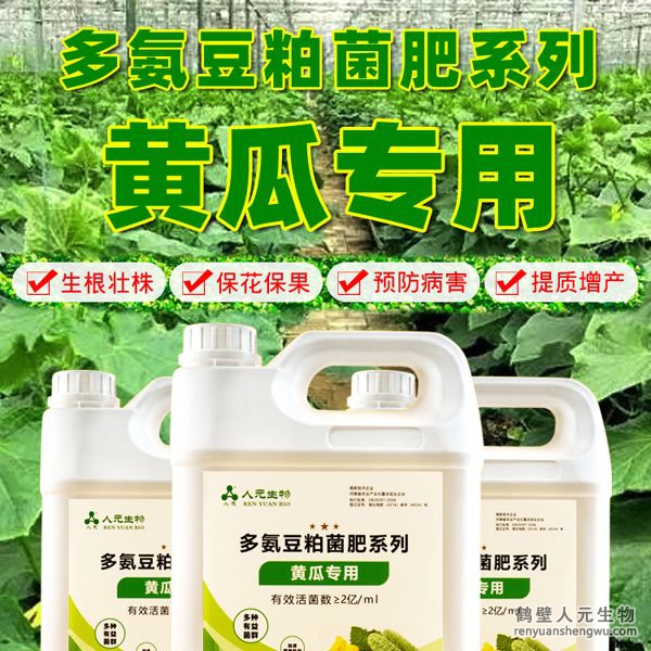 多氮豆粕菌肥系列黃瓜專用肥由河南省微生物菌劑工程技術(shù)研究中心研制，鶴壁市人元生物技術(shù)發(fā)展有限公司生產(chǎn)，本品是以固態(tài)發(fā)酵豆粕為主要原料，豆粕經(jīng)過有益微生物菌種發(fā)酵分解，充分釋放游離氨基酸，同時輔以枯草、地衣、膠凍樣芽孢桿菌等有益菌群。